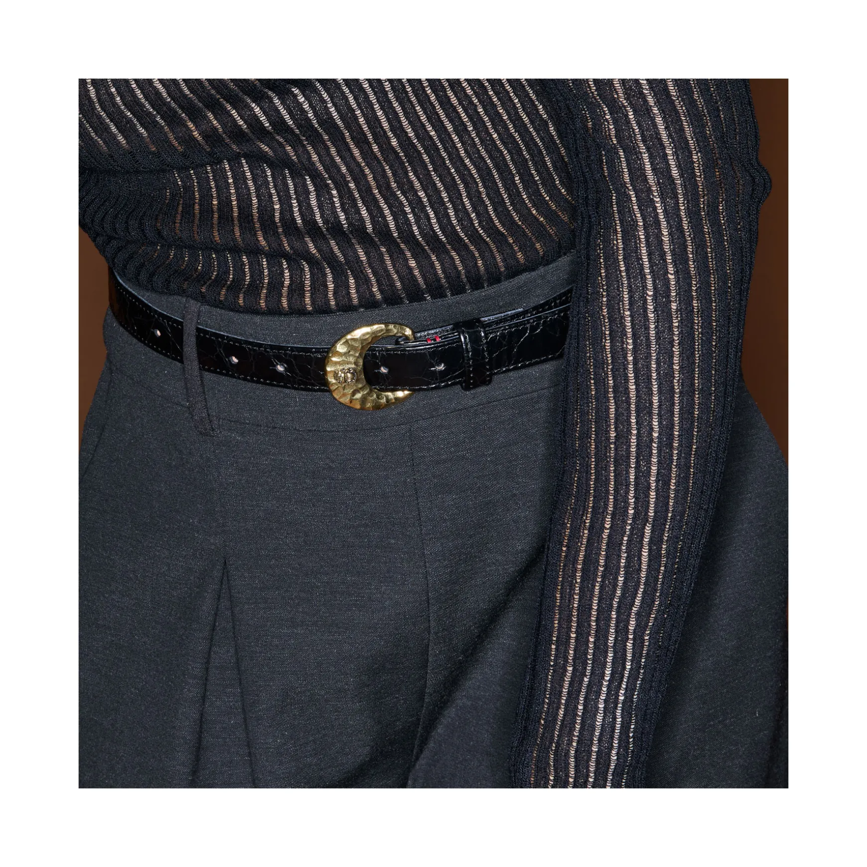 New Claris Virot Baby Ceintures Demi Lune Cuir Noir Vernis Vintage