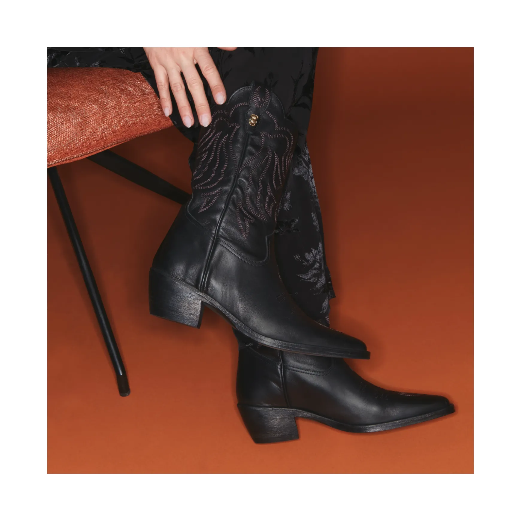 Hot Claris Virot Bottes Lucienne Cuir Noir Brodé