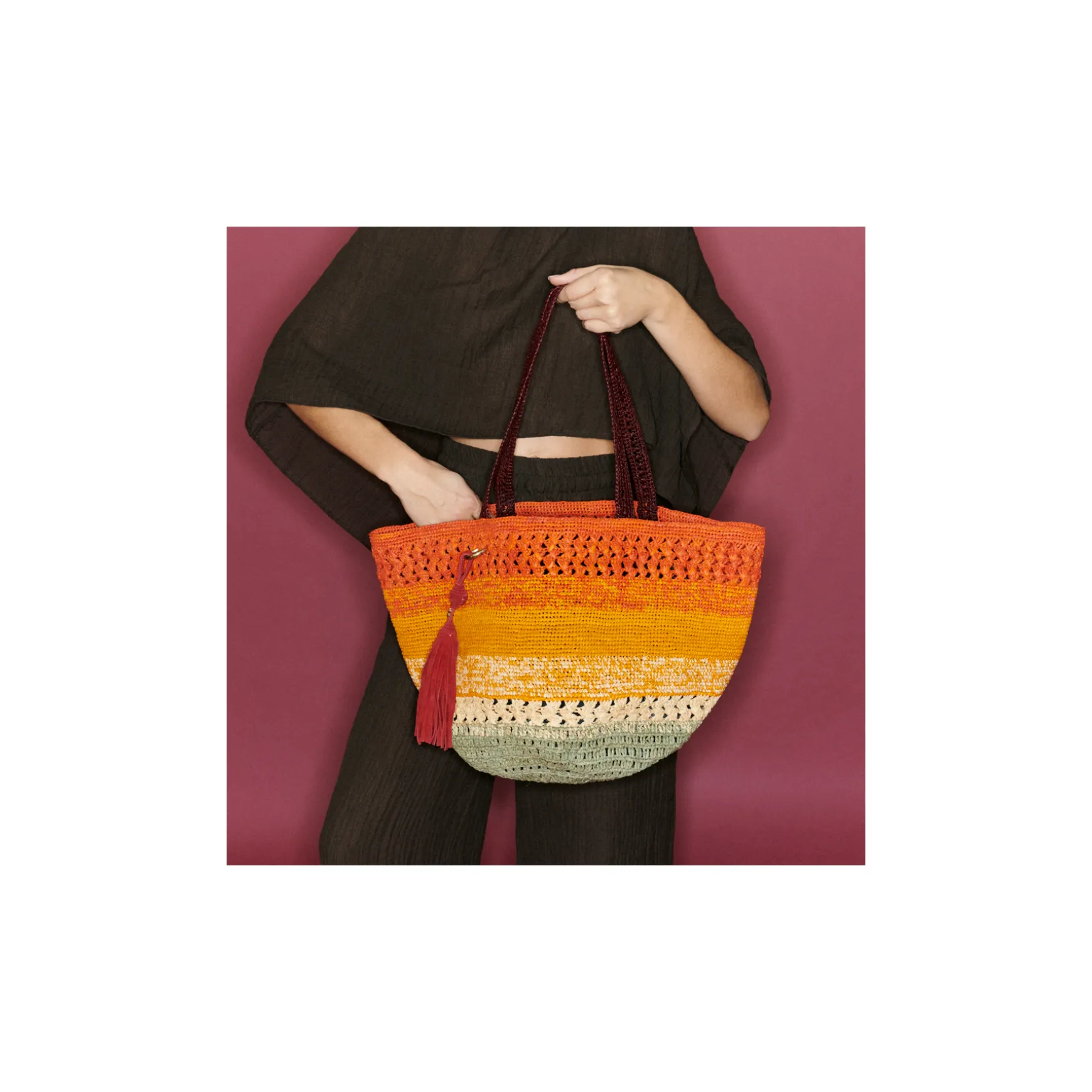 Fashion Claris Virot Cabas Stella L Raphia Arc-en-ciel orange