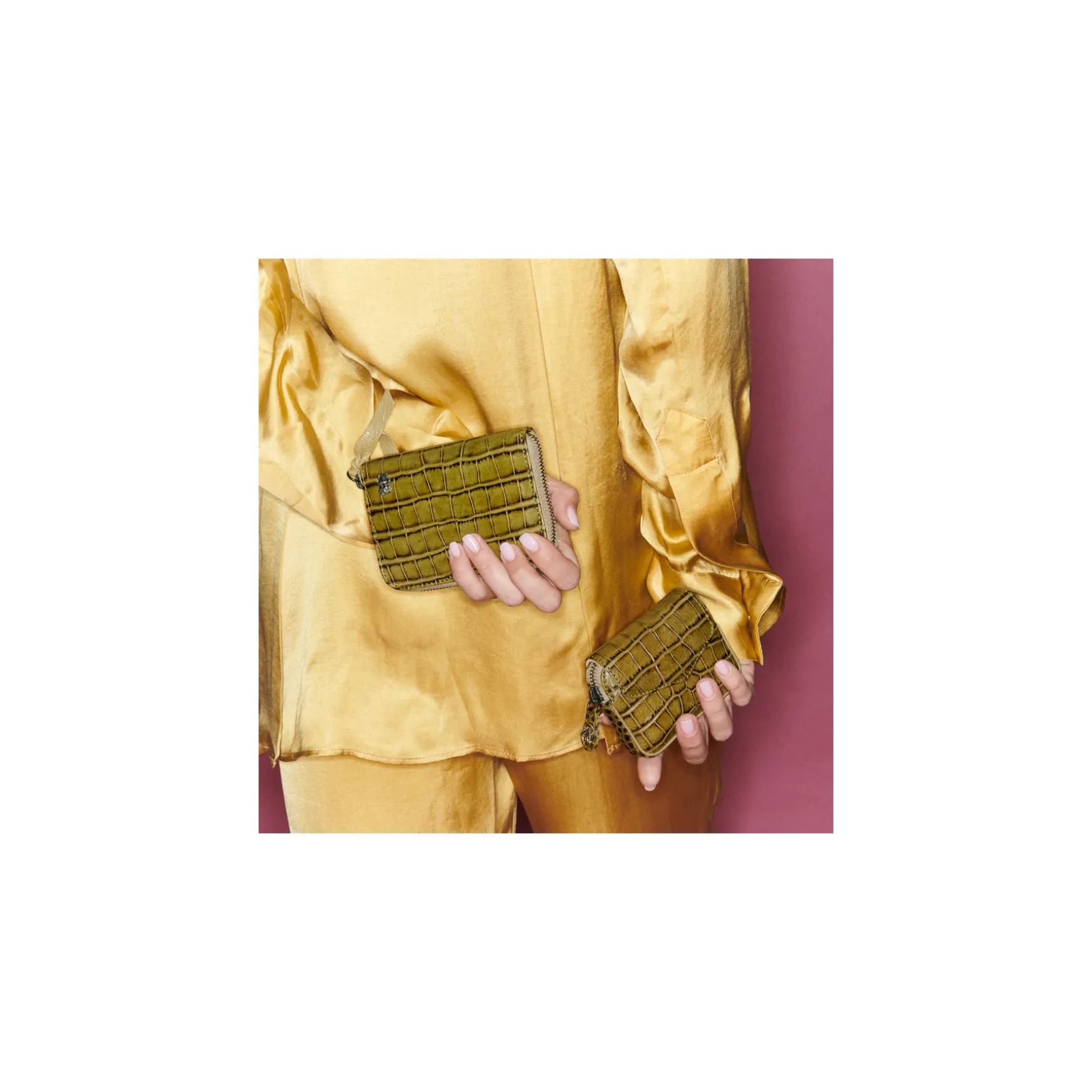 Hot Claris Virot Portefeuille Mini Bob Cuir Embossé Croco Kaki