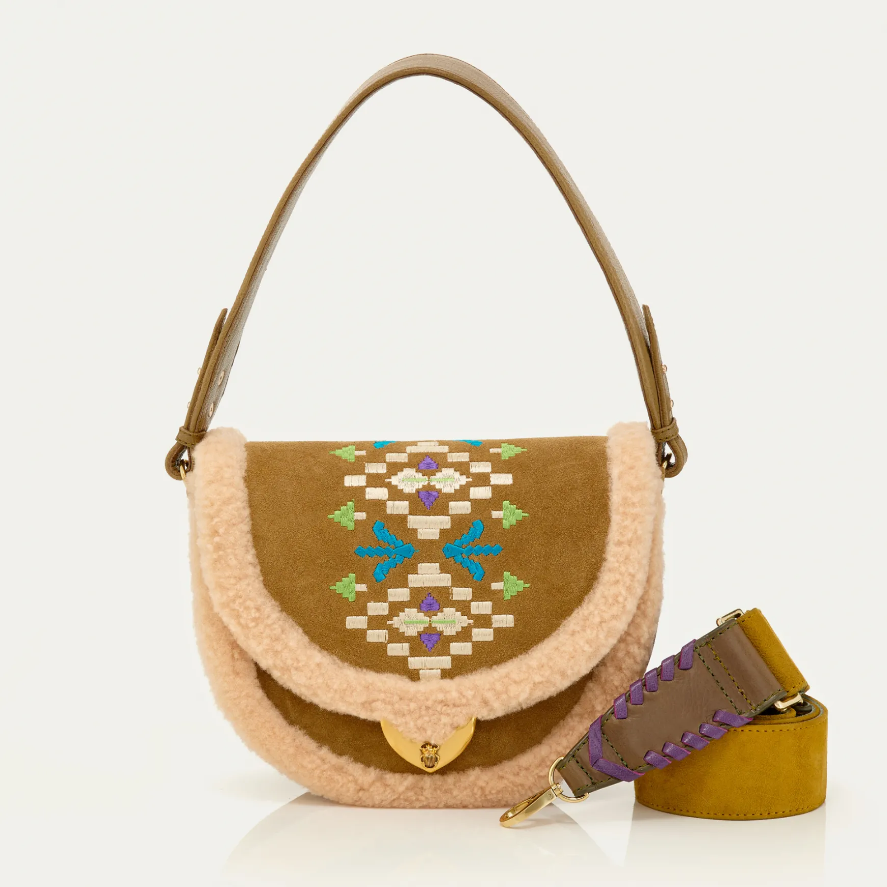 Clearance Claris Virot Sac Big Victoria Croûte Olive Brodée et Peau Lainée Crème