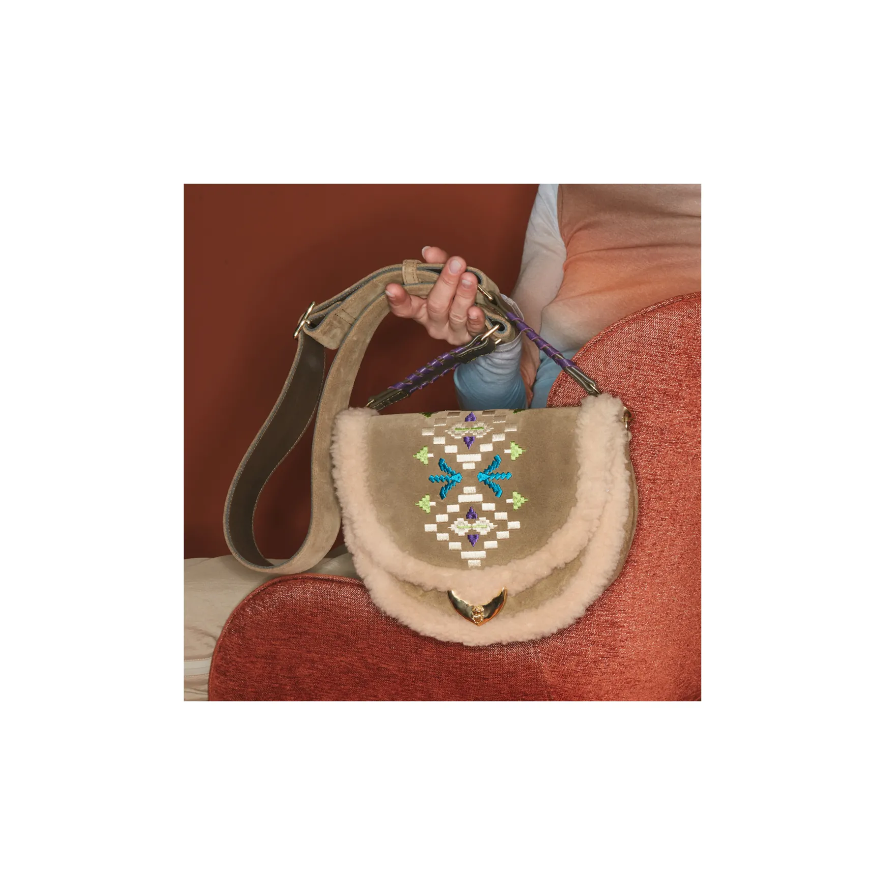 Clearance Claris Virot Sac Big Victoria Croûte Olive Brodée et Peau Lainée Crème
