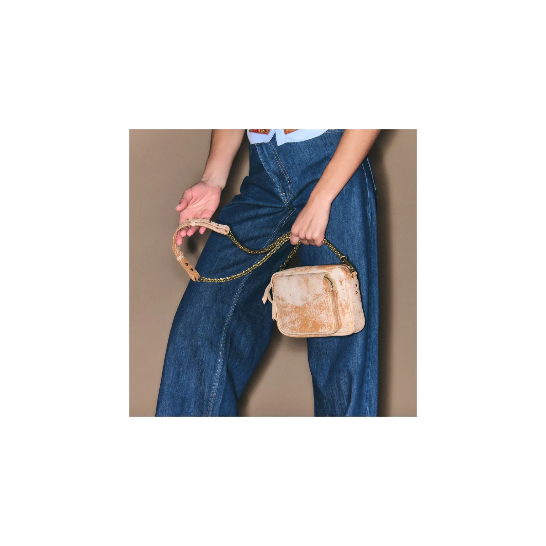 New Claris Virot Sac Charly Cuir Sable Blanc
