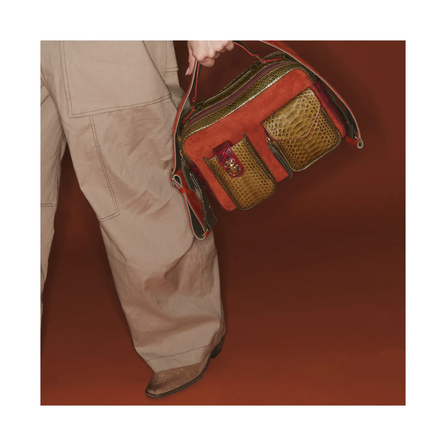 Fashion Claris Virot Sac César Python mix kaki bordeaux