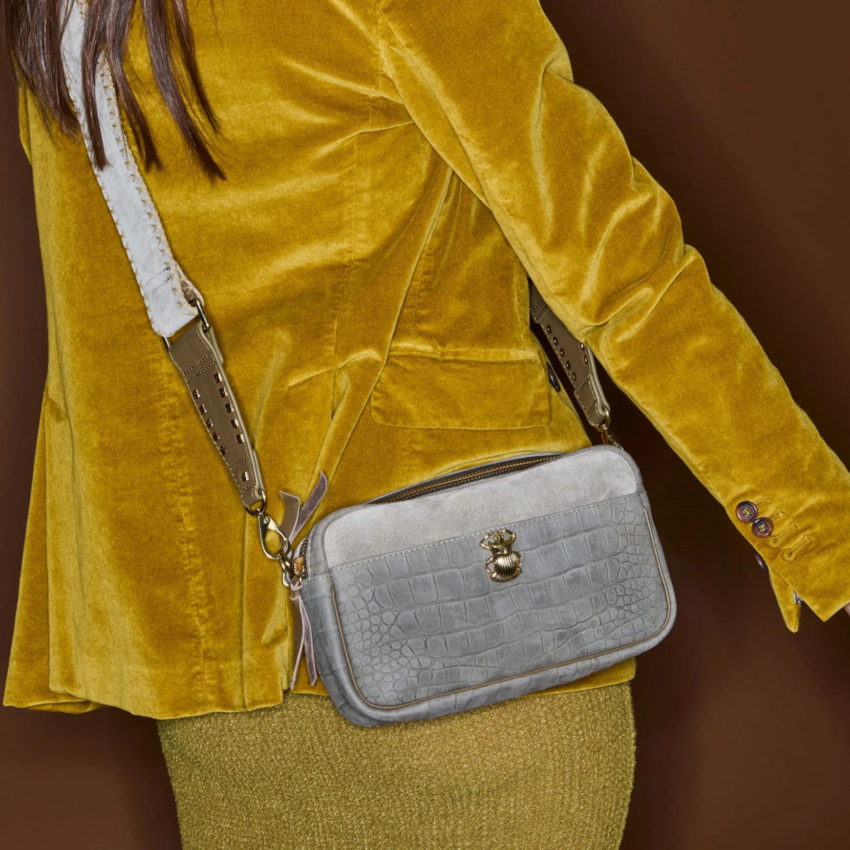 Hot Claris Virot Sac Lily Nubuck embossé croco gris perle