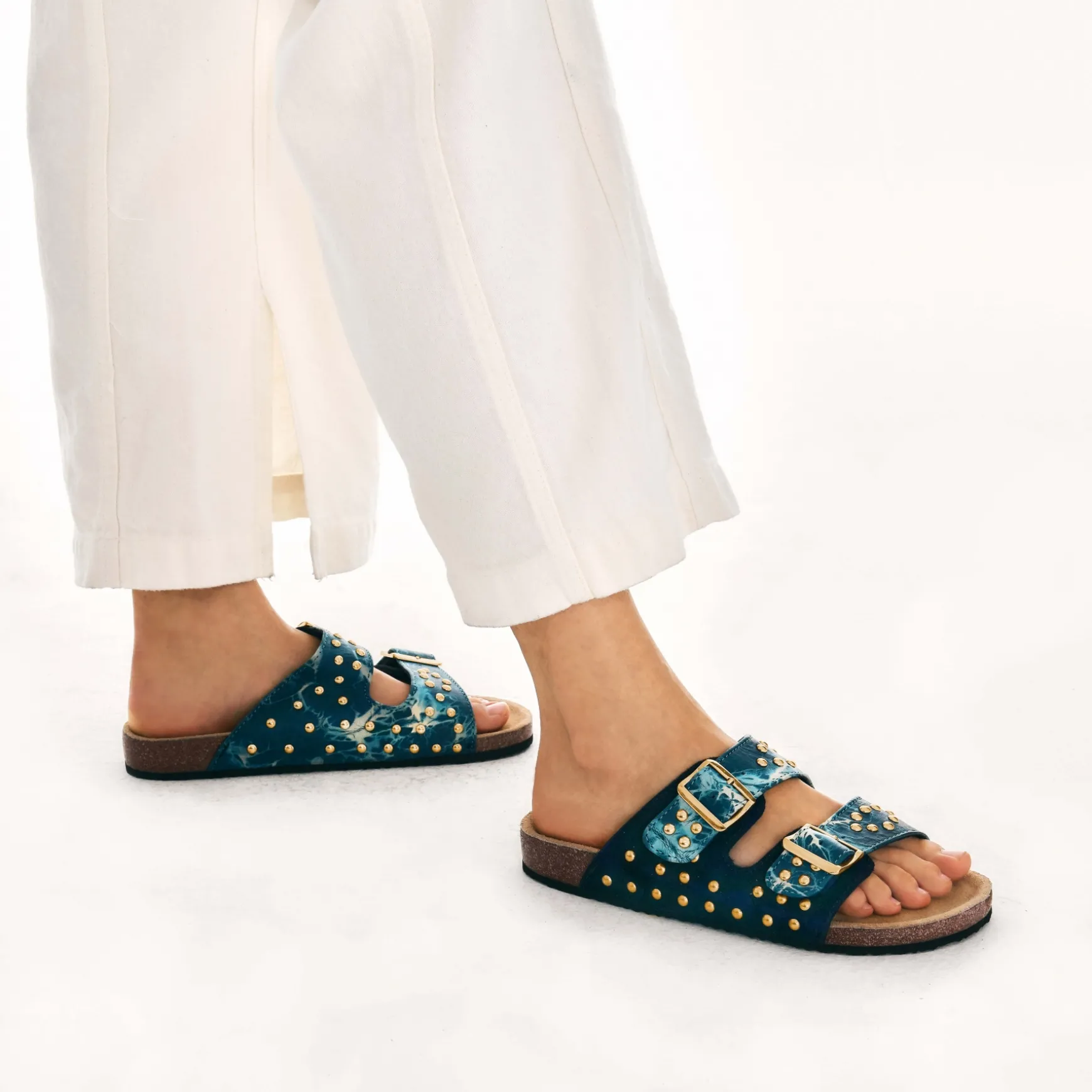 Sale Claris Virot Sandales Odette Cuir Bleu Tie and Dye